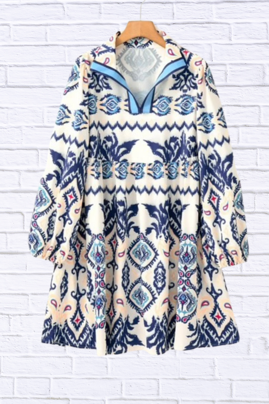 Blue Ethnic Print Striped Split Neck Mini Dress