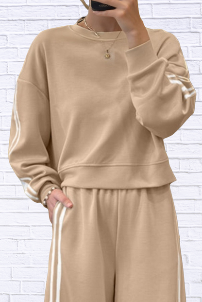 Striped Detail Crewneck Top and Elastic Sweatpants 2pcs Set