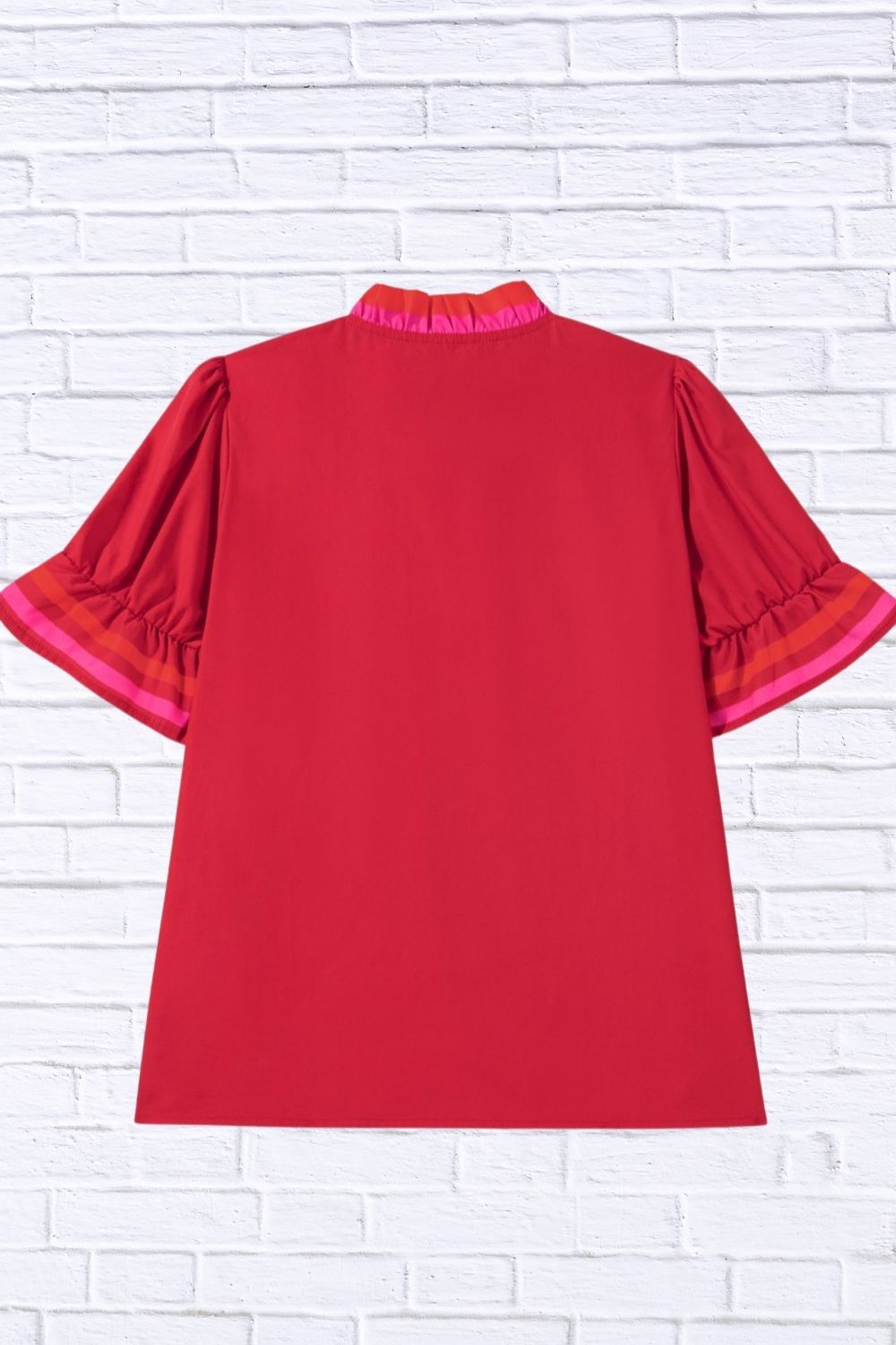 Ruffled Sleeve Notched Blouse with Striped Detail for Women