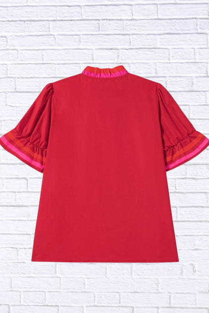 Ruffled Sleeve Notched Blouse with Striped Detail for Women
