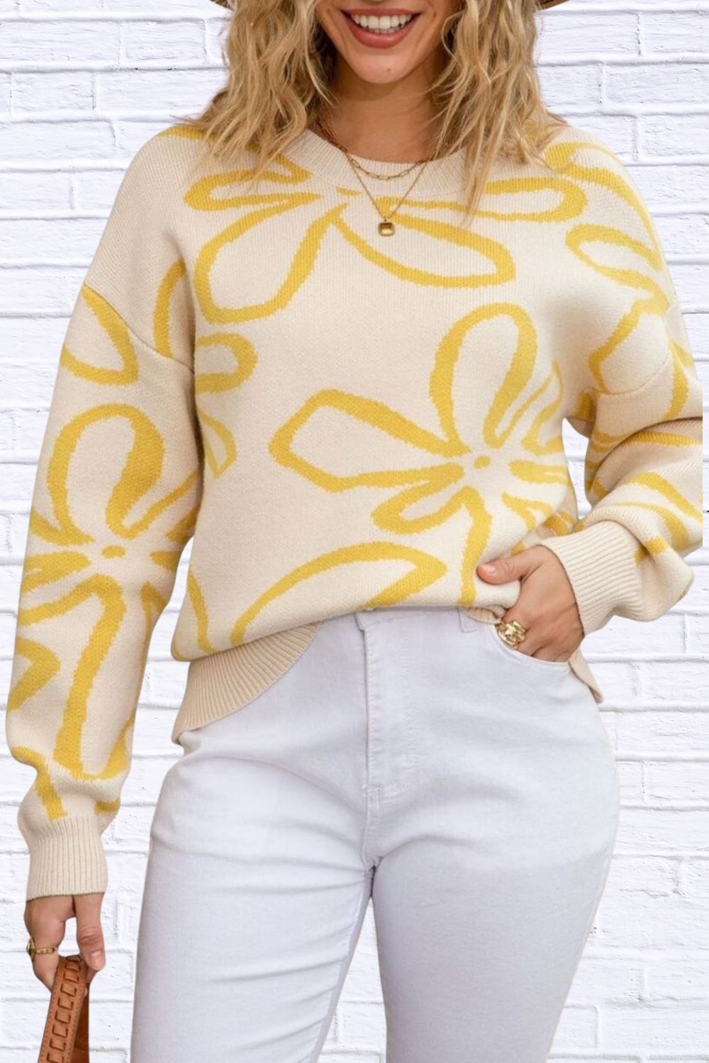 Flower Crew Neck Long Sleeve Sweater