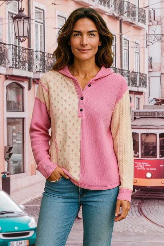 Color Block Button Detail Hoodie