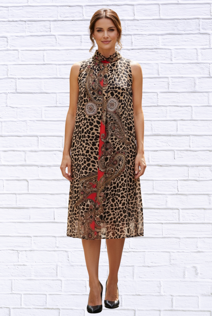 Animal and Paisley Print Sleeveless Maxi Dress – High Neck Bow Detail Flowy Woven Dress