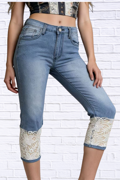Full Size Lace Trimmed Capri Jeans Plus Size