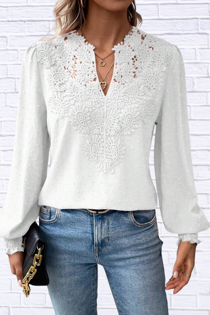 Swiss Dot Lace Detail Long Sleeve Blouse