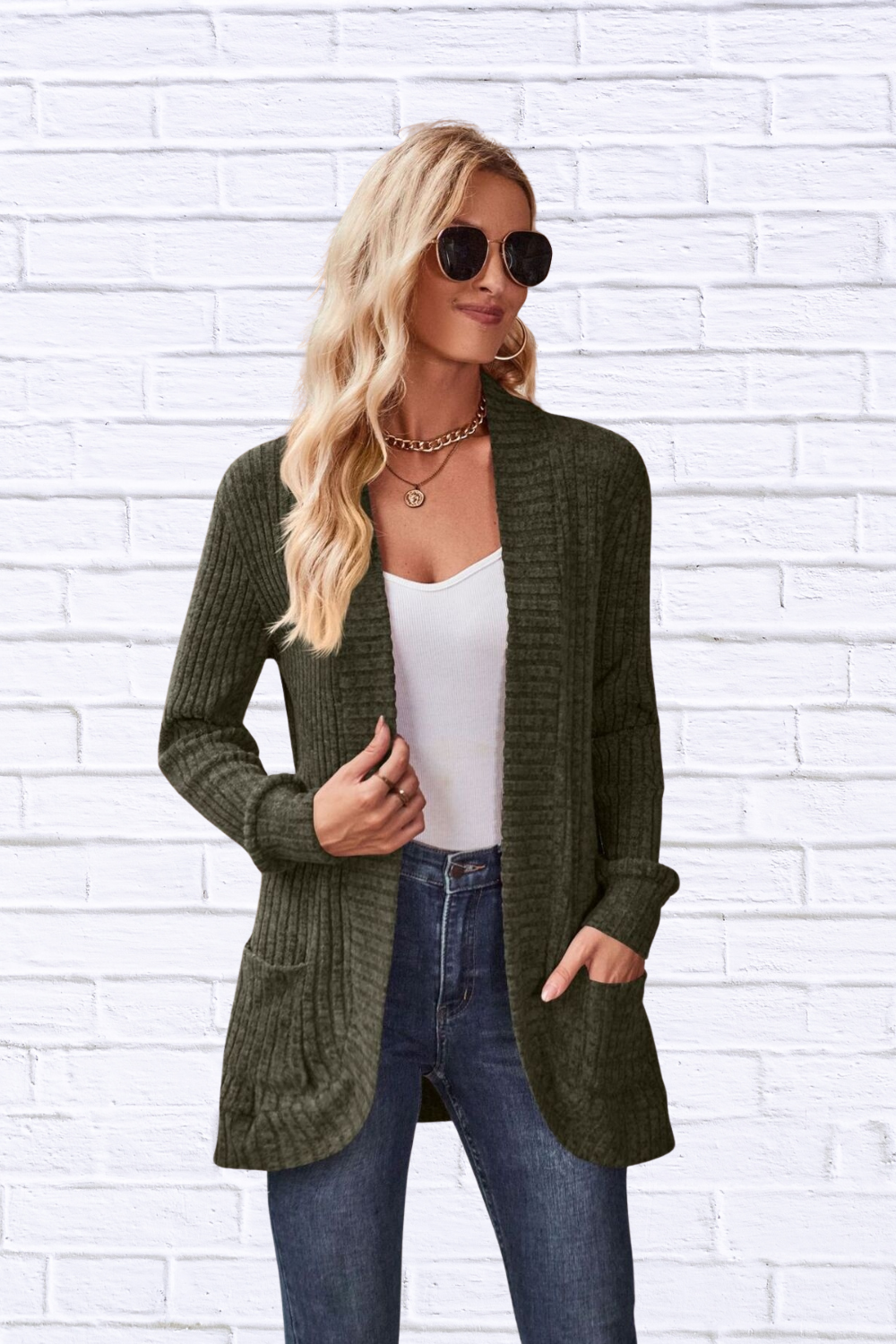 Ribbed Open Front Long Cardigan with Pockets