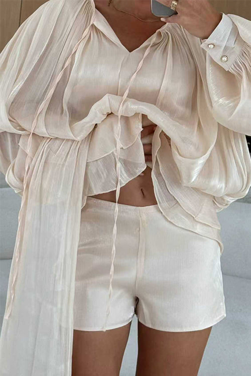 Lantern Long Sleeves Draped Ruffle Layered Mini Dress with Shorts