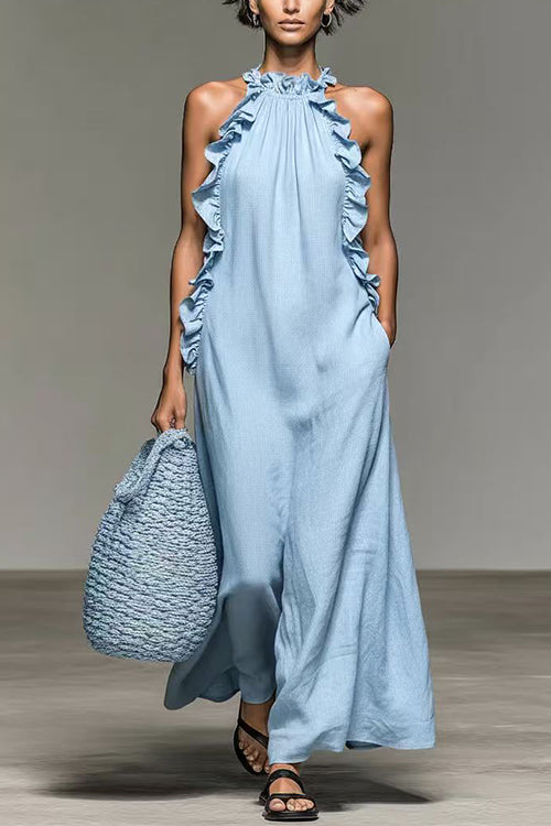 Sleeveless Linen Blend Ruffle Pocketed Maxi Dress