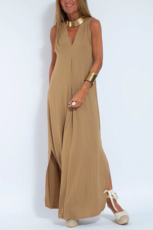 Sleeveless V Neck Side Split Maxi Dress Khaki