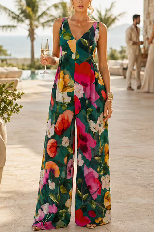 V Neck Sleeveless Floral Print Wide Leg Jumpsuit