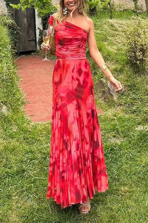 Off Shoulder Ruched Crop Top High Rise Maxi Skirt Printed Set