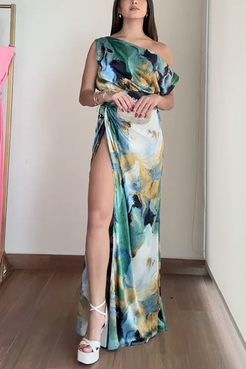 Asymmetric Shoulder Twist High Slit Printed Maxi Dress