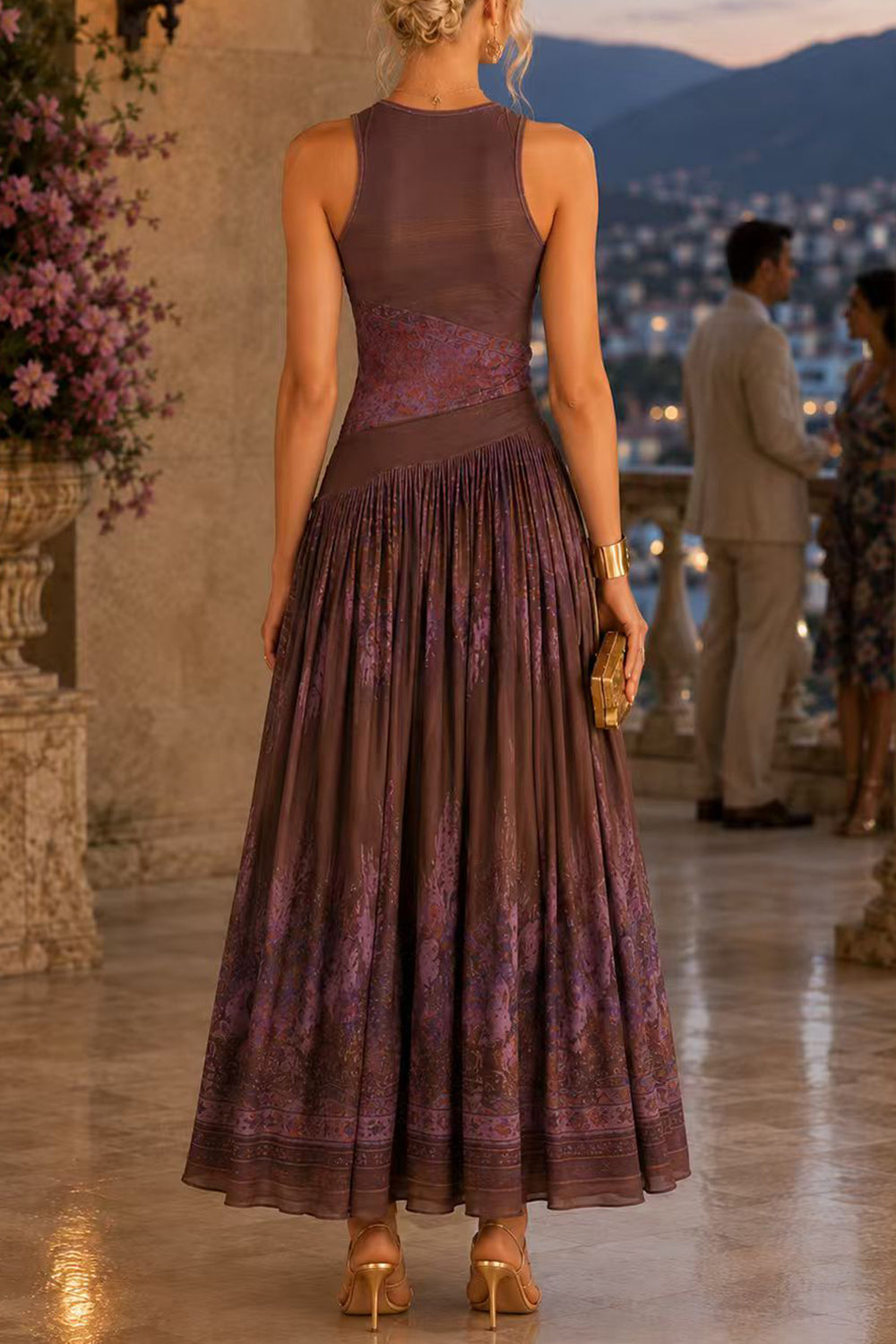 Crewneck Sleeveless Printed Flowy Maxi Dress