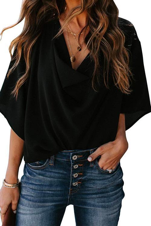 Rosiedress Cowl Neck Short Sleeve Drape Chiffon Shirt Black