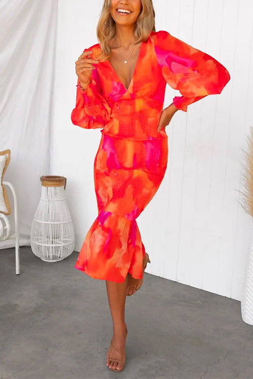 Rosiedress V Neck Long Sleeves Smocked Ruffle Printed Midi Bodycon Dress Orange