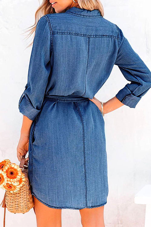 Rosiedress Rolled Up Long Sleeves Tie Waist Denim Shirt Dress