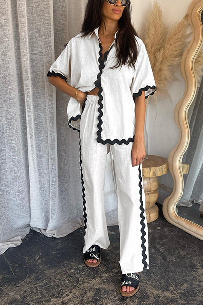 Ric Rac Short Sleeves Button Up Shirt Elastic Waist Pants Set White