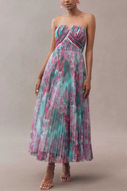 Strapless Floral Print Pleated Swing Maxi Dress