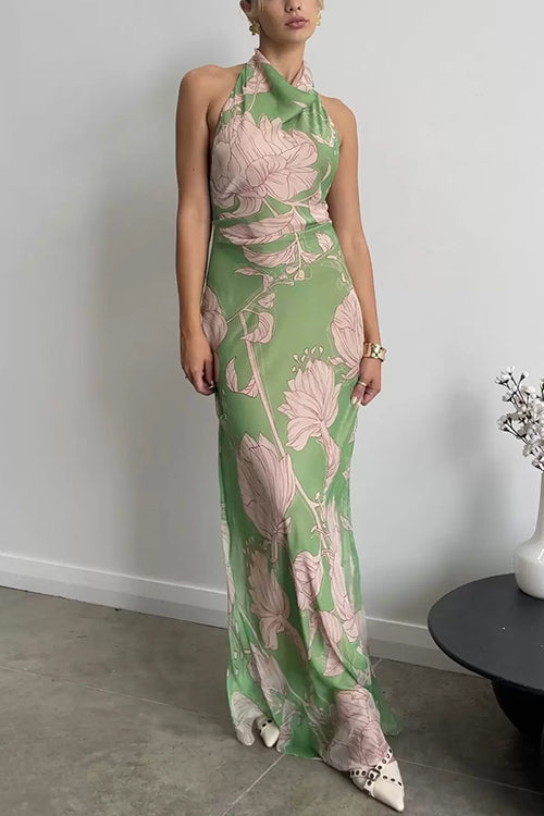 Halter Open Back Sleeveless Floral Print Maxi Dress Green