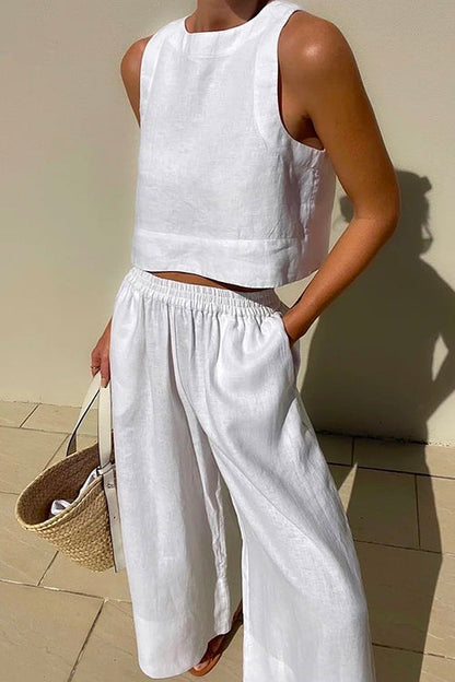 Solid Crewneck Crop Tank Top Elastic Waist Wide Leg Pants Set White