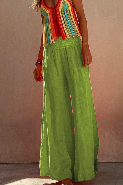 Rosiedress Smocked Elastic Waist Baggy Wide Leg Cotton Linen Pants Green