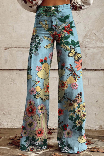 High Waist Unique Print Wide Leg Pants Blue
