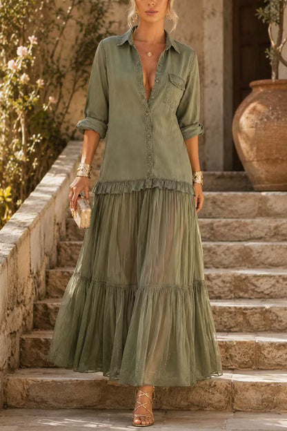 Lapel Long Sleeves Organza Splice Ruffle Denim Maxi Dress