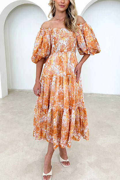 Rosiedress Off Shoulder Puff Sleeves Tiered Printed Midi Holiday Dress Orange