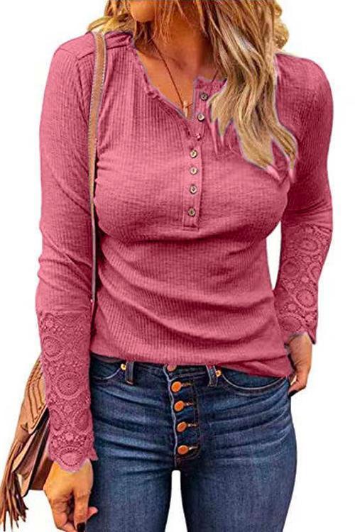 Suzanne Lace Splice Long Sleeve Blouses Pink