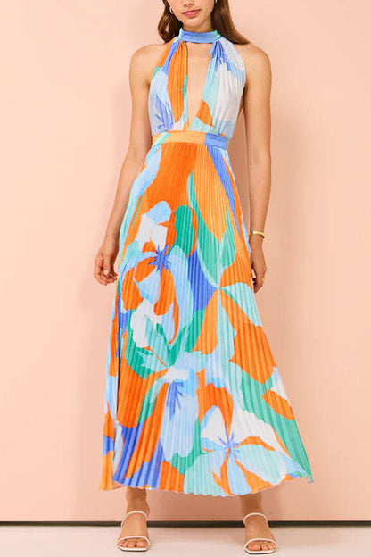 Deep V Neck Halter Backless Printed Maxi Pleated Dress Print