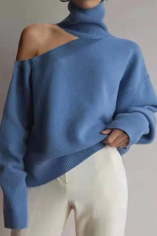 Rosiedress Turtleneck Cold Shoulder Solid Loose Sweater Blue