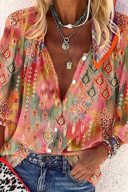 V Neck Long Sleeves Printed Casual Blouse Shirt Orange