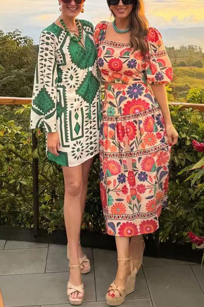 Puff Sleeves Back Cut Out Floral Print Crop Top