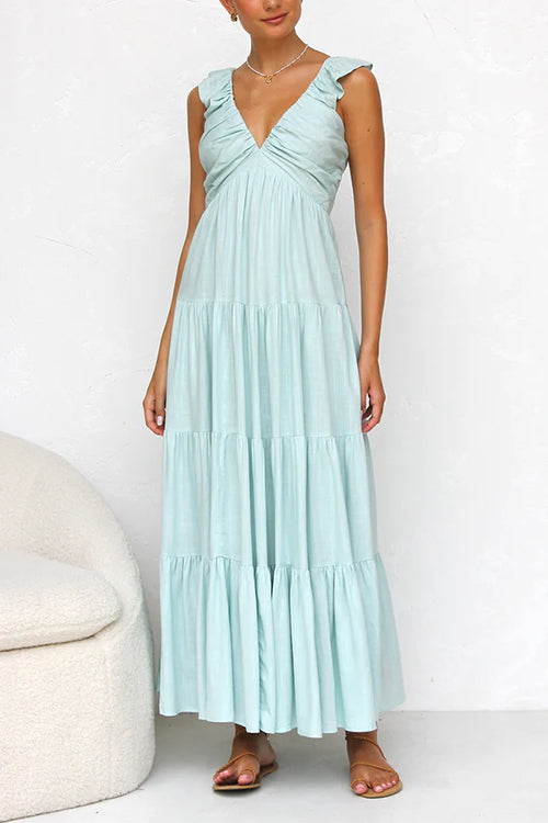 Rosiedress V Neck Ruffle Trim Tiered Sleeveless Linen Maxi Dress