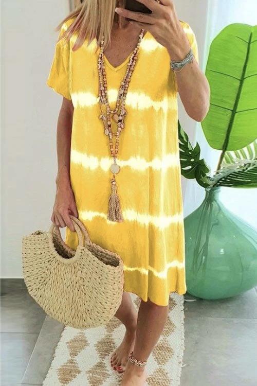 V Neck Short Sleeve Tie Dye Stripes T-shirt Dress Yellow