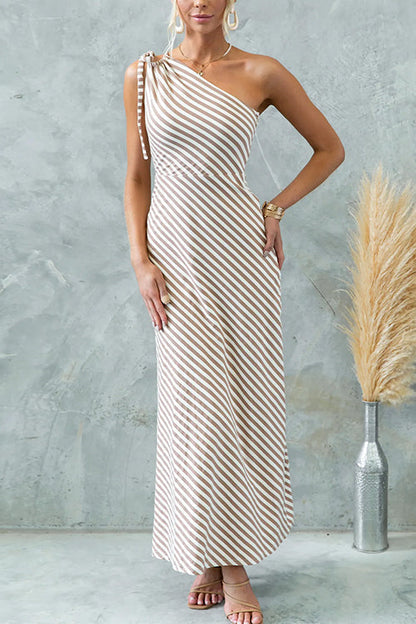 Rosiedress Sleeveless Tie Knot One Shoulder Striped Maxi Dress Brown