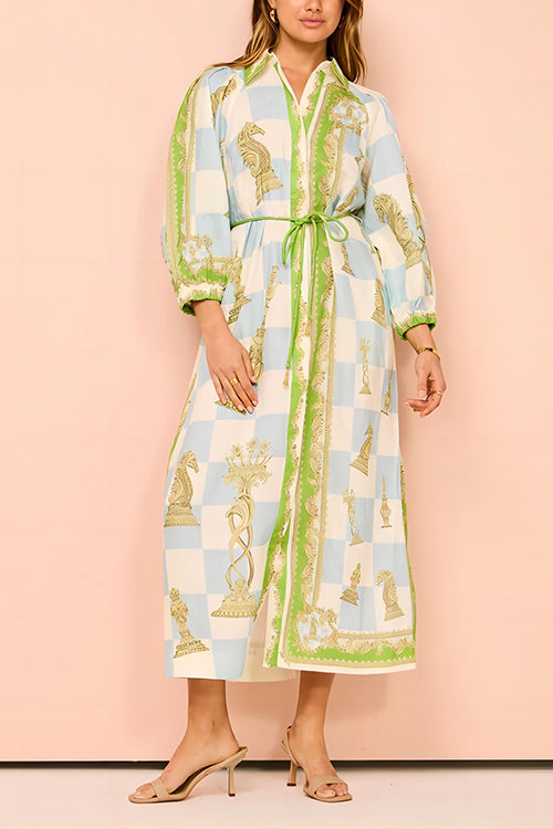 Rosiedress Button Down Tie Waist Pocketed Unique Print Midi Shirt Dress