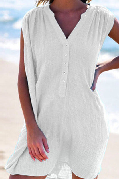 Rosiedress Buttons V Neck Sleeveless Ruched Beach Dress White