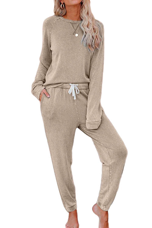 Rosiedress Long Sleeves T-shirt Drawstring Waist Joggers Loungewear Set Khaki