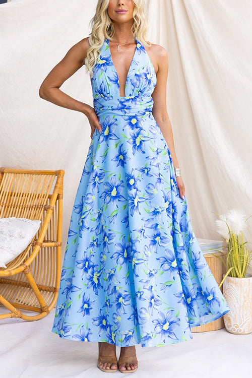 Halter Neck Backless Waisted Floral Print Swing Maxi Dress