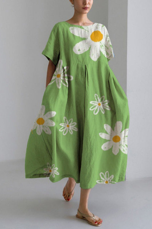 Printed Short Sleeves Pocketed A-line Midi Dress LightGreen