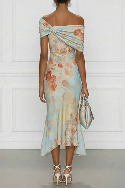 Off Shoulder Floral Print Irregular Hem Midi Dress