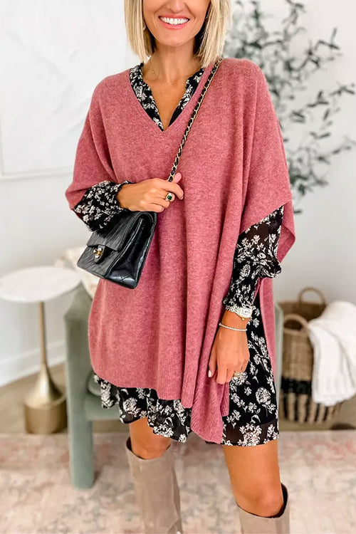 V Neck Loose Fit Solid Poncho Sweater Dusty Pink