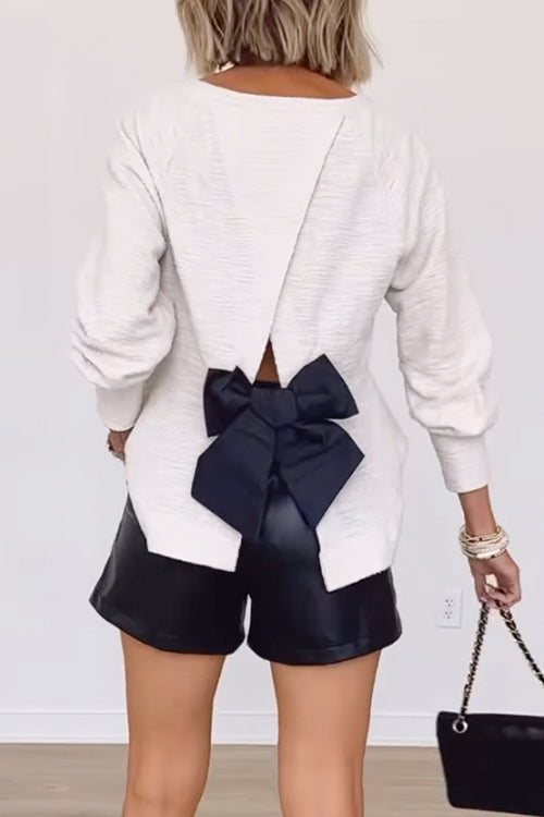 Long Sleeves Bow Back Cut Out Top White