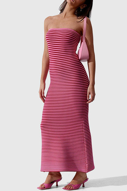 Rosiedress Strapless Tube Striped Knit Maxi Bodycon Dress