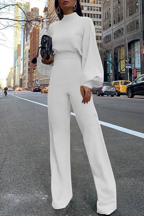 Rosiedress Solid Mockneck Lantern Sleeve Waisted Straight Leg Jumpsuit White