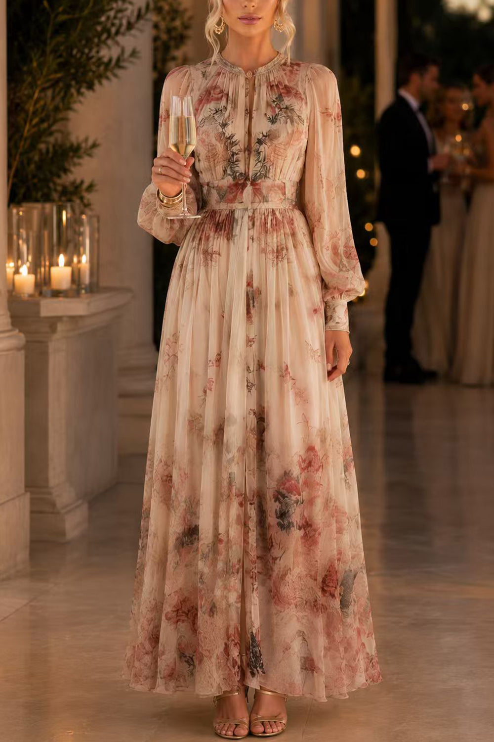 Puff Long Sleeves High Waist Floral Print Maxi Dress