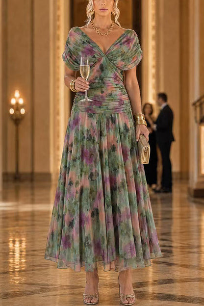 V Neck Ruched Floral Print Maxi Dress