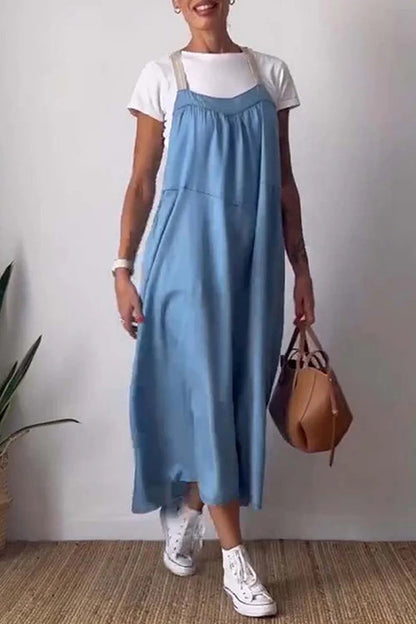 Rosiedress Color Block Casual Cotton Linen Maxi Beach Dress Blue