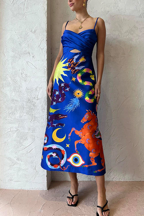 Rosiedress Cross Front Cut Out Unique Printed Satin Cami Dress Blue